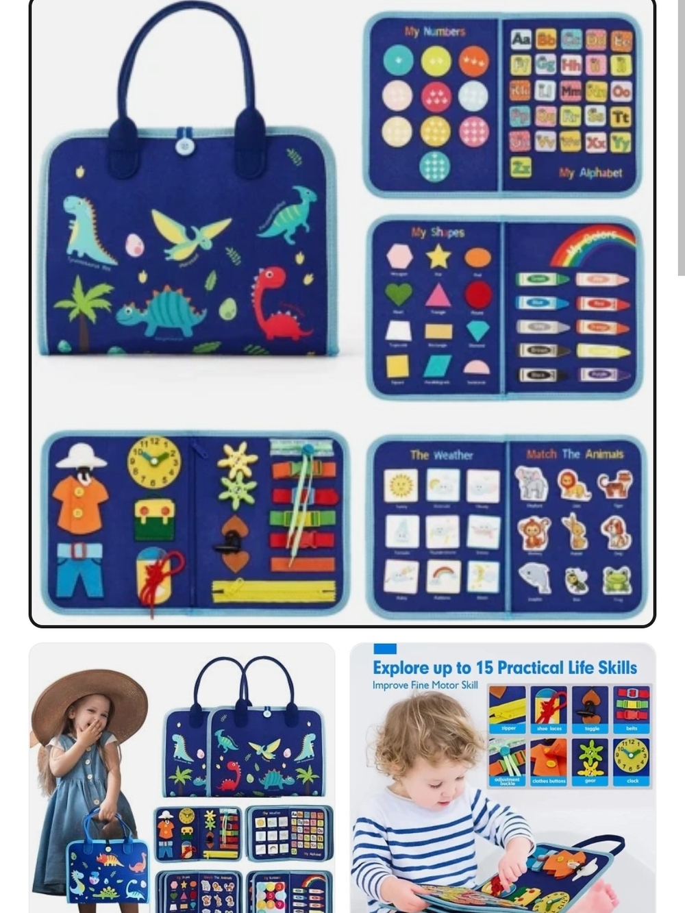 Blue Dinosaur Activity Learning Book for Kids - Interactive Travel Toy
